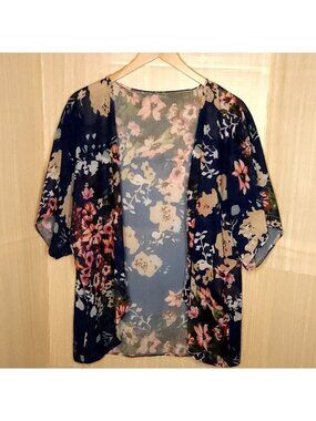 Unbranded Womens Navy Blue Silky Floral Kimono OS